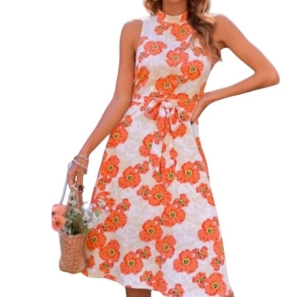 NWOT XS/S Shein Orange Floral Midi - Picture 1 of 10